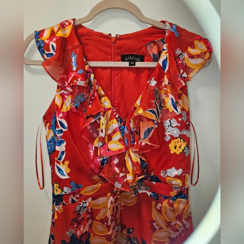 Saloni Cece Floral Print Ruffle Trim Dress in Coral  Size 4 - Picture 5 of 9